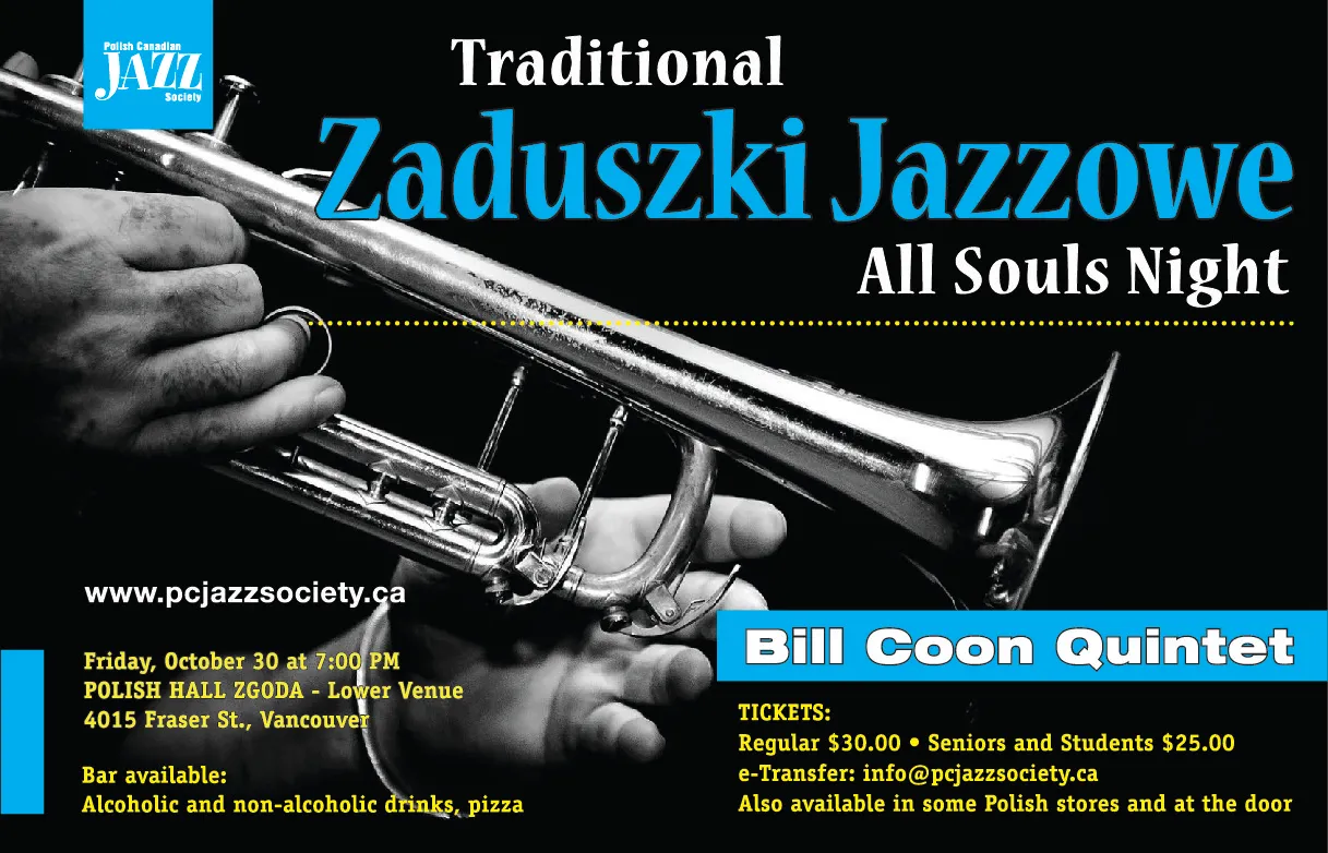 Traditional Zaduszki Jazzowe — All Souls Night with the Bill Coon Quintet, October 30, 2026 at Polish Hall Zgoda. Concert and ticket details are listed above.